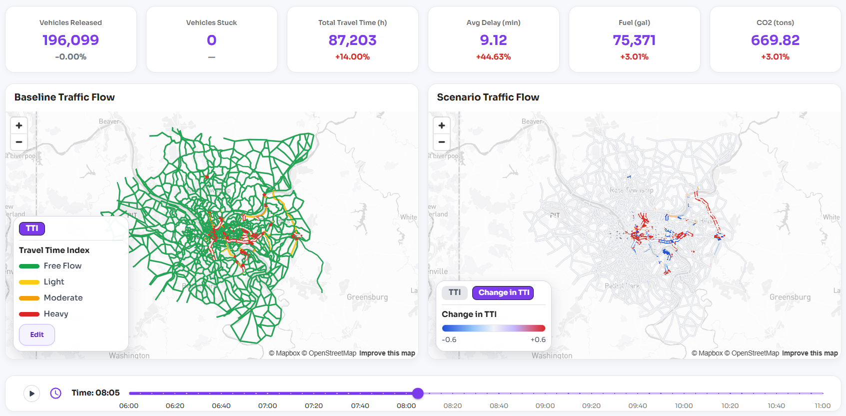 QureSim modeled scenario results, complete baseline and scenario traffic maps, and a time slider.