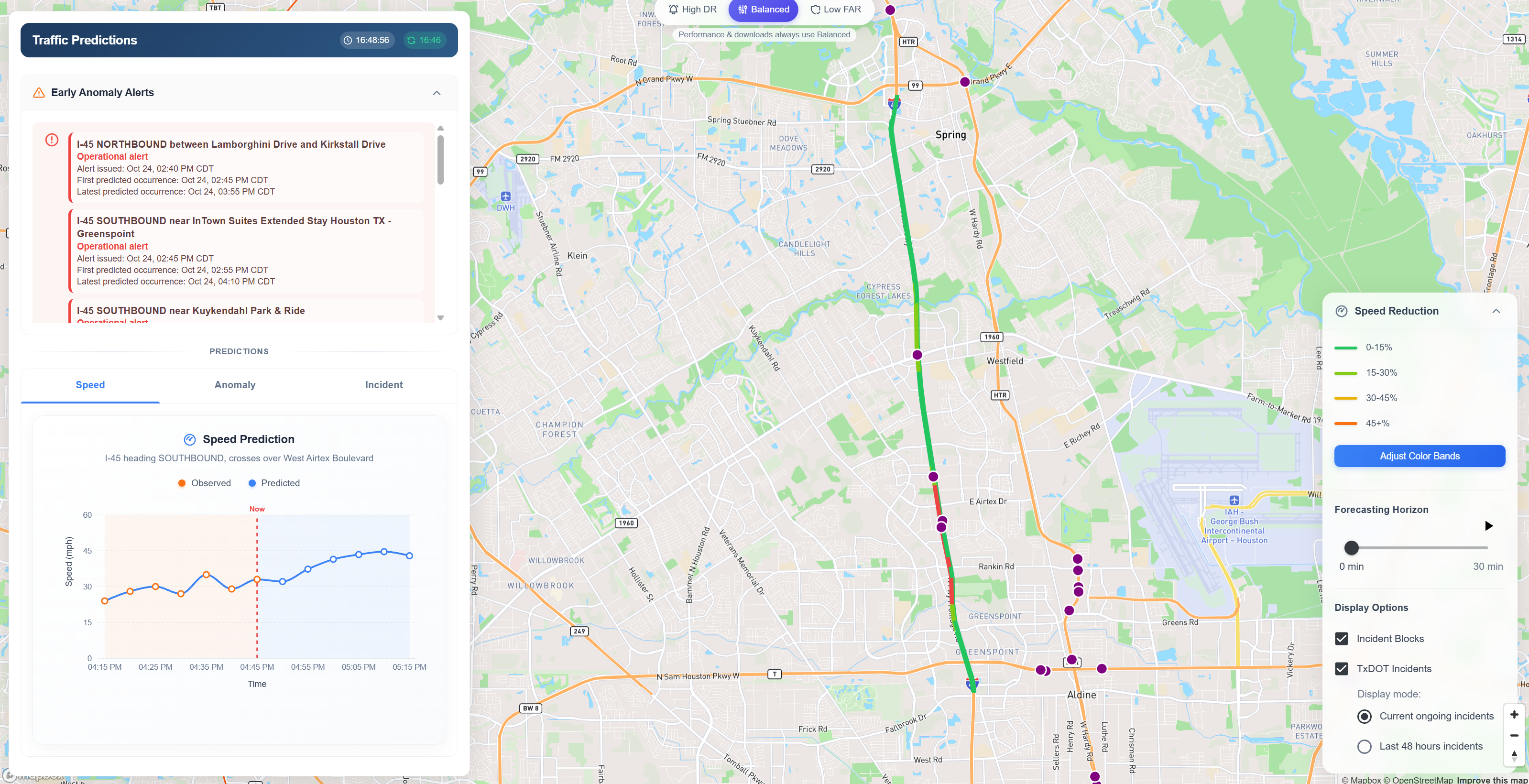 QureTraffic I-45 corridor map with operational anomaly alerts and an observed and predicted speed chart.